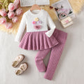 girls' knitted set: white ribbed top with ruffle and floral detail, purple pants - autumn two-piece outfit for kids
