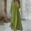 New arrival: cross-border  women's cotton linen v-neck maxi dress - fashionable, casual, long sleeve, button-down, loose fit