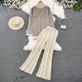 Fashionsuitk-stylelong sleeves stand collar loose jacquard knittingsweatertwo-piece sethigh waistslimming lookstraight-legloose pants