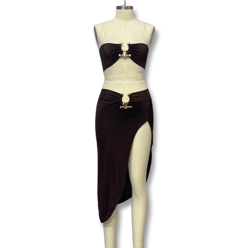 Amazon  independent station cross-border best selling  new women's sexy slit skirt metal buckle tube top