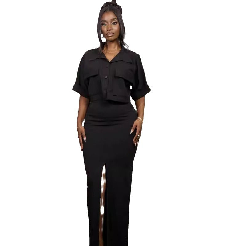 Amazon cross-border women's fashion  summer new arrival: lapel collar faux pocket shirt top & slim-fit slit midi skirt set