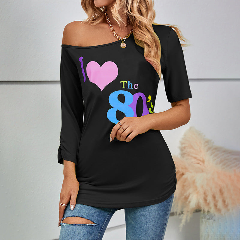Autumn european and american lips 80s printing off shoulder asymmetrical sleeve length  fashion slim top t-shirt women