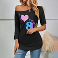 Autumn european and american lips 80s printing off shoulder asymmetrical sleeve length  fashion slim top t-shirt women