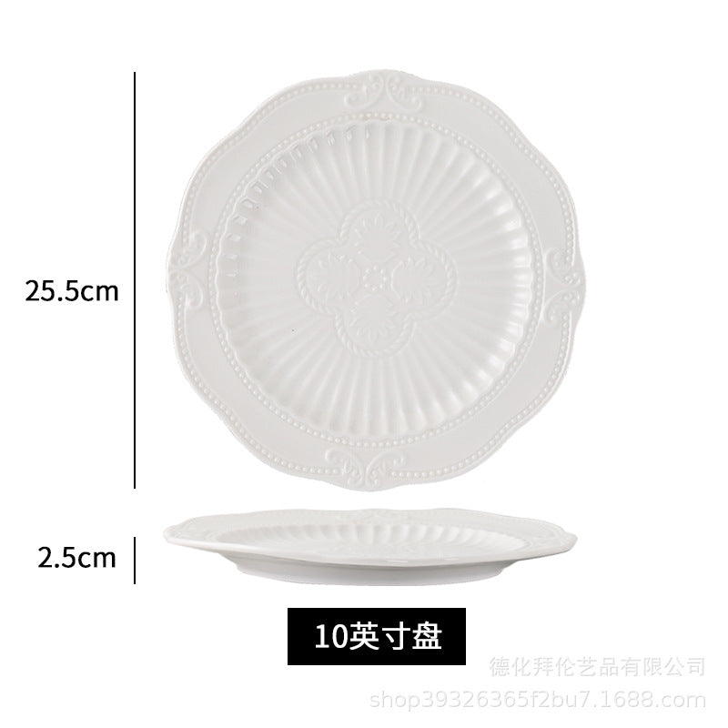 European-style pure white dessert plate, three-tier fruit platter, modern showroom display, creative embossed ceramic plate wholesale