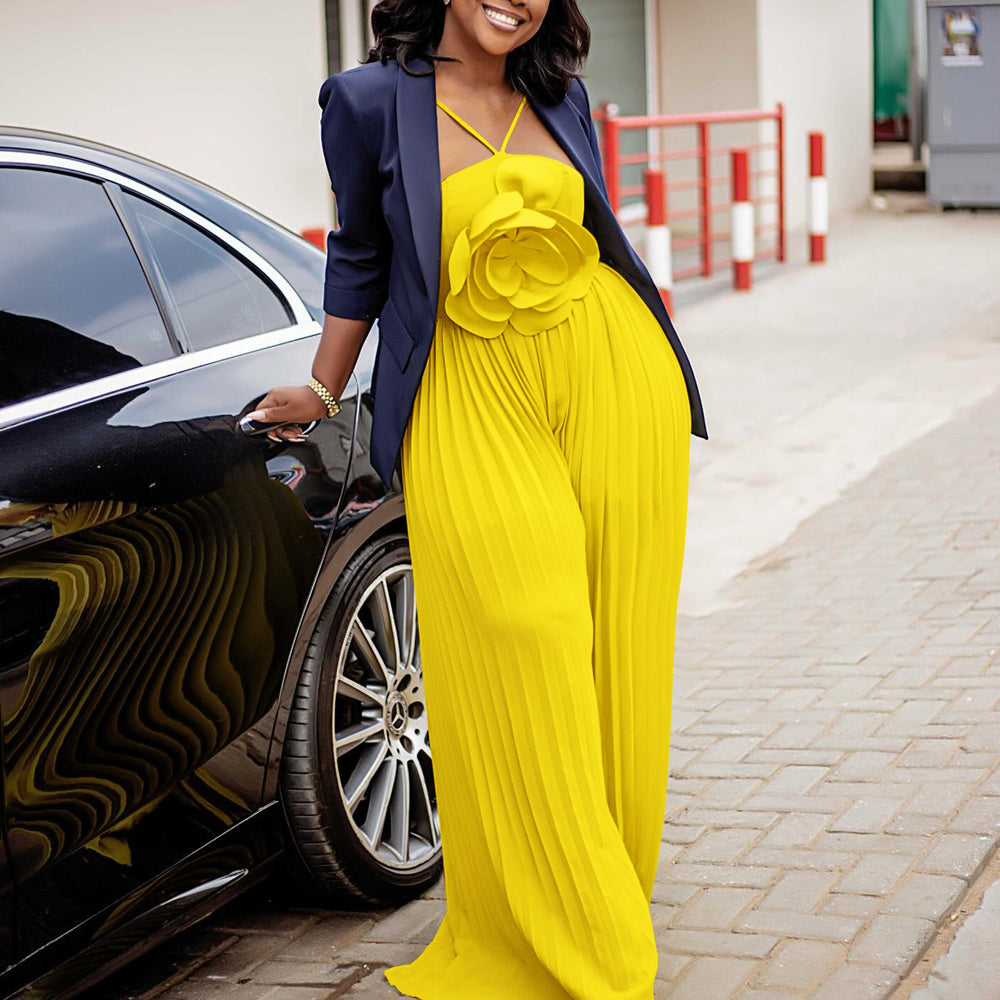 D554export women's clothing new arrivalelegantpure colorfashionsexy large flowerpure color pleated african jumpsuit