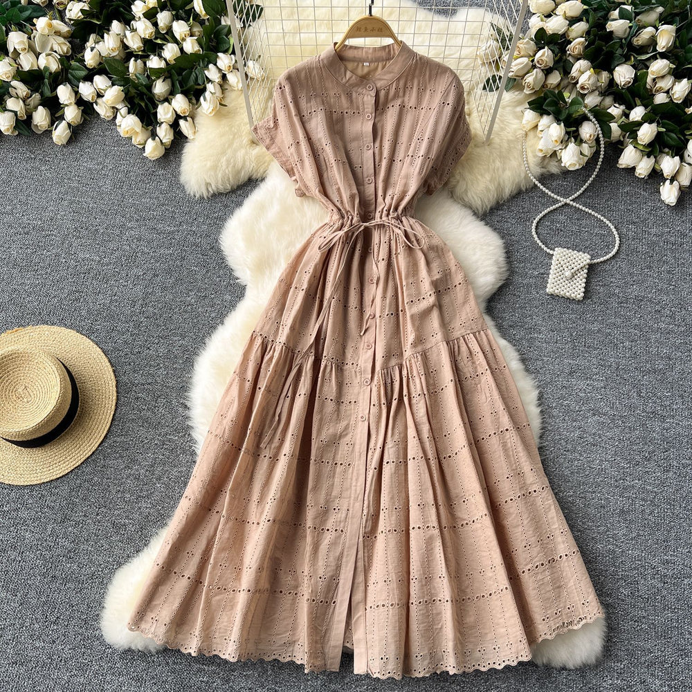 French gentle style sense of design drawstring waist round neck short sleeve single breasted cut outembroiderslimming lookelegantdress