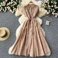 French gentle style sense of design drawstring waist round neck short sleeve single breasted cut outembroiderslimming lookelegantdress
