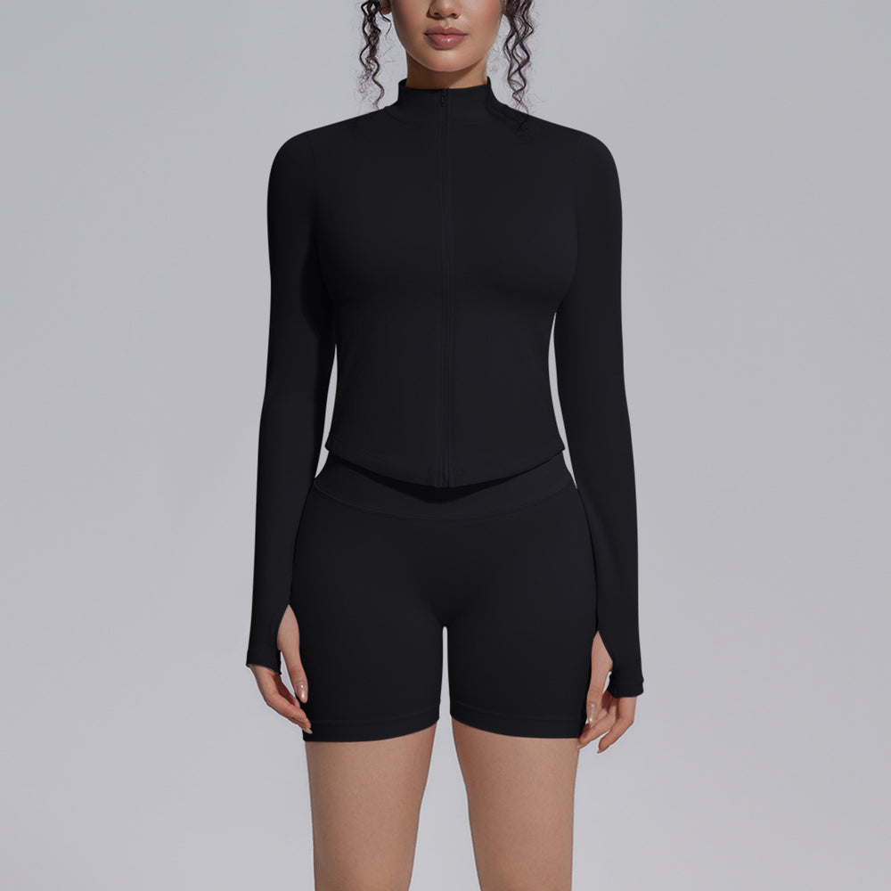 New zip-up jacket & quick-dry butt-lifting compression shorts activewear set - seamless knit running, fitness & yoga outfit for women