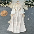 French chic flared sleeve maxi dress with 3d floral embroidery - high waist, slimming a-line silhouette