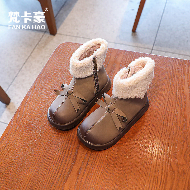 Girls' bowknot casual princess ankle boots - autumn/winter versatile kids' indoor/outdoor warm fleece-lined thickened trendy boots