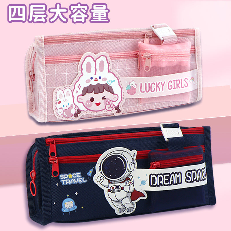 Multifunctional canvas pencil bag ins high value school pencil case multi-layer stationery box  primary school student stationery bag