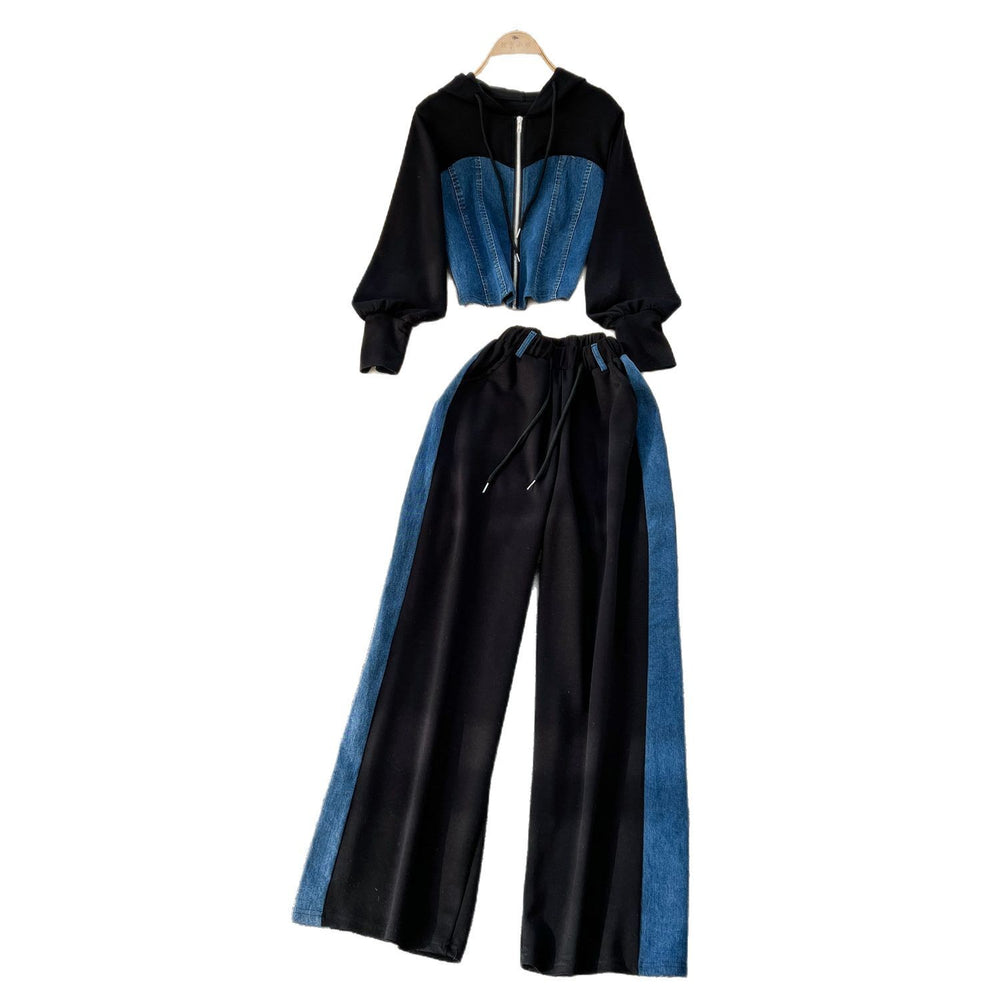 Spring hong kong style casual tracksuit set for women - pullover hoodie sweatshirt + high-waisted denim patchwork wide-leg pants