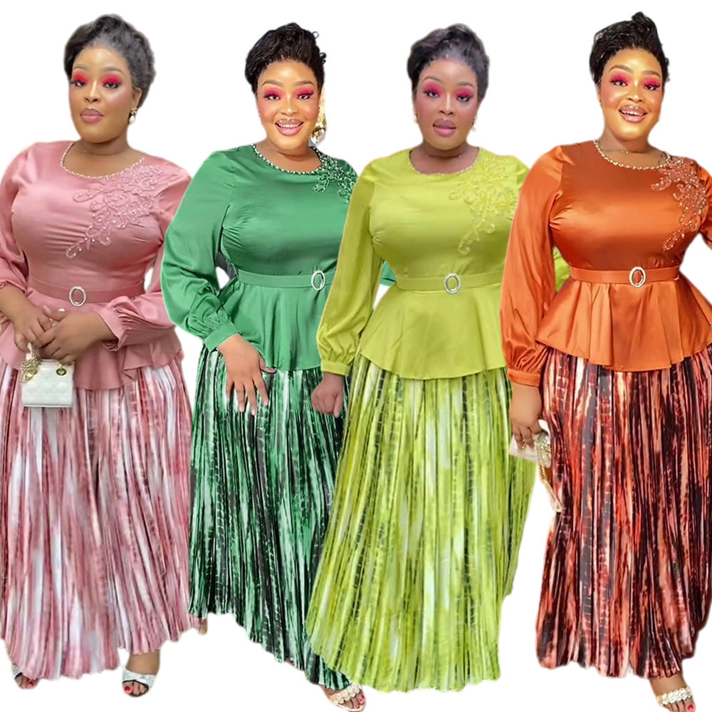 african women's plus size embroidered & beaded dress -  chic commute two-piece pleated skirt set