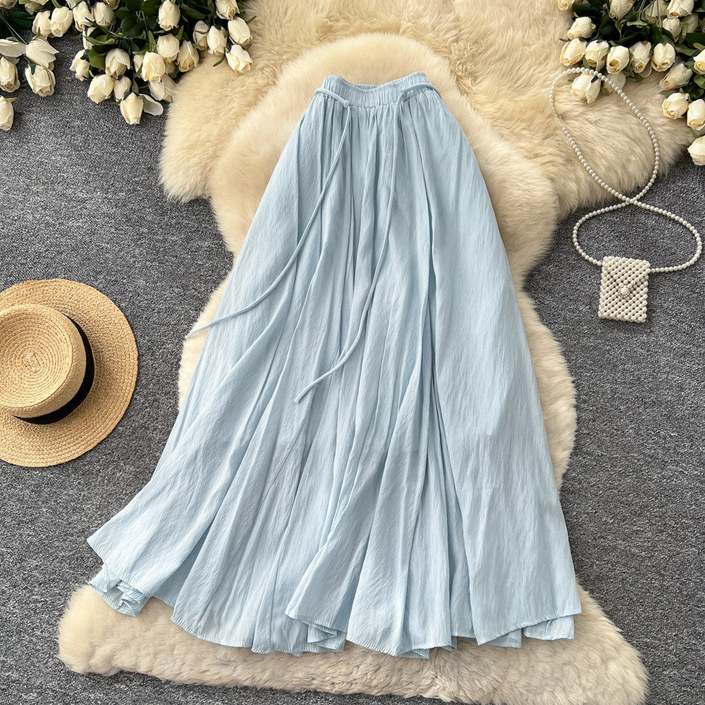 K-style high waist lazy style pleated a-line skirt for women spring and summer large swingeasiest for matchelegant gentle long skirt