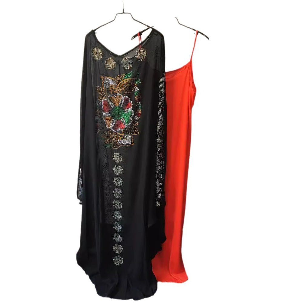 supply of chiffon heavy industry hot diamond large round neck bat sleeves looseplaid high-end robe matching orange suspenders