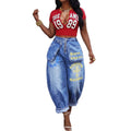 Fashionjeans women's diagonal zipper stylishembroider cross large patch pocket bloomers distressed loosepants