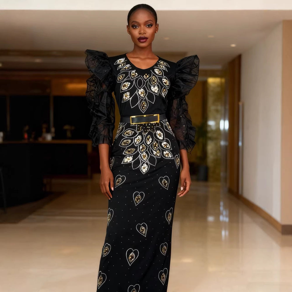 New fashion slim-fit african cross-border supply: rhinestone & beaded organza ruffle sleeve evening dress/gown