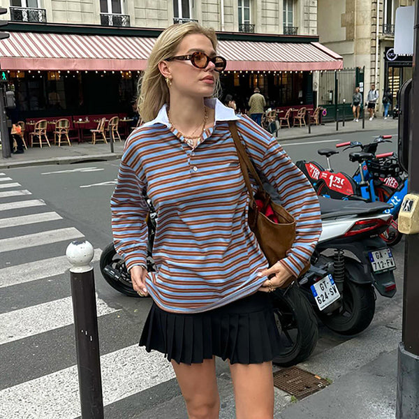 American niche retro contrasting striped POLO shirt women's 2025 spring versatile loose pullover casual women's clothing