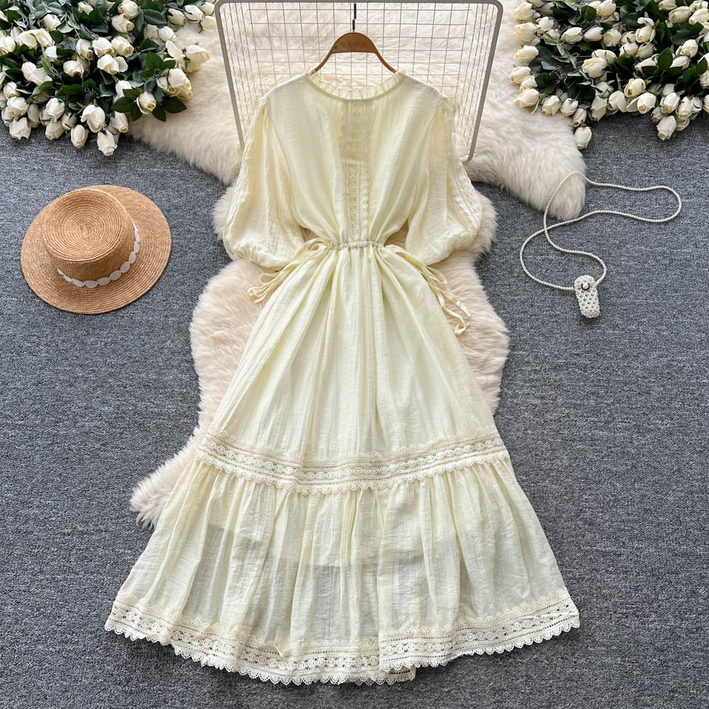 French chic lace-trimmed lantern sleeve dress - slimming, elegant, and flowy maxi dress with tie waist