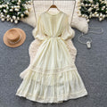 French chic lace-trimmed lantern sleeve dress - slimming, elegant, and flowy maxi dress with tie waist