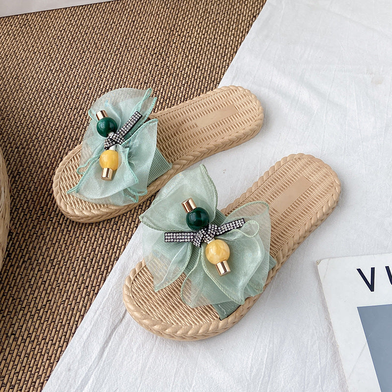 Women's sandals & slippers - 2021 summer new arrivals: fairycore style, bow accent, outdoor wear, vacation beach, flat one-strap slides