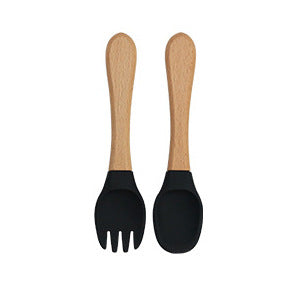Factory direct sales silicone wooden handle complementary food fork and spoon  baby spoon baby training eating fork and spoon set wholesale