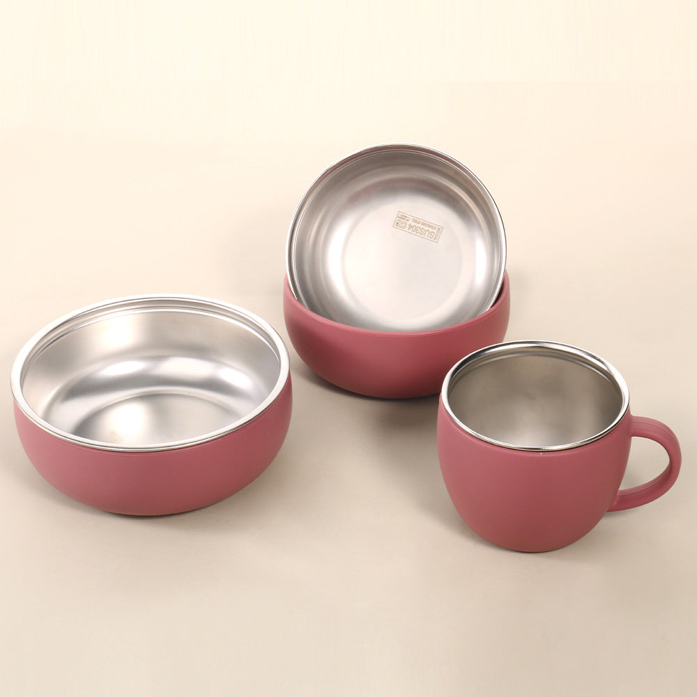 Children's stainless steel 304 silicone tableware set Baby feeding bib Wooden handle Fork spoon Plate bowl Cup 7-piece set