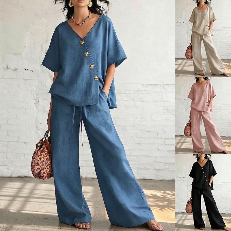 european and american cross-border women's fashion casual solid color v-neck loose short sleeve top and drawstring pants two-piece set