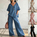 european and american cross-border women's fashion casual solid color v-neck loose short sleeve top and drawstring pants two-piece set