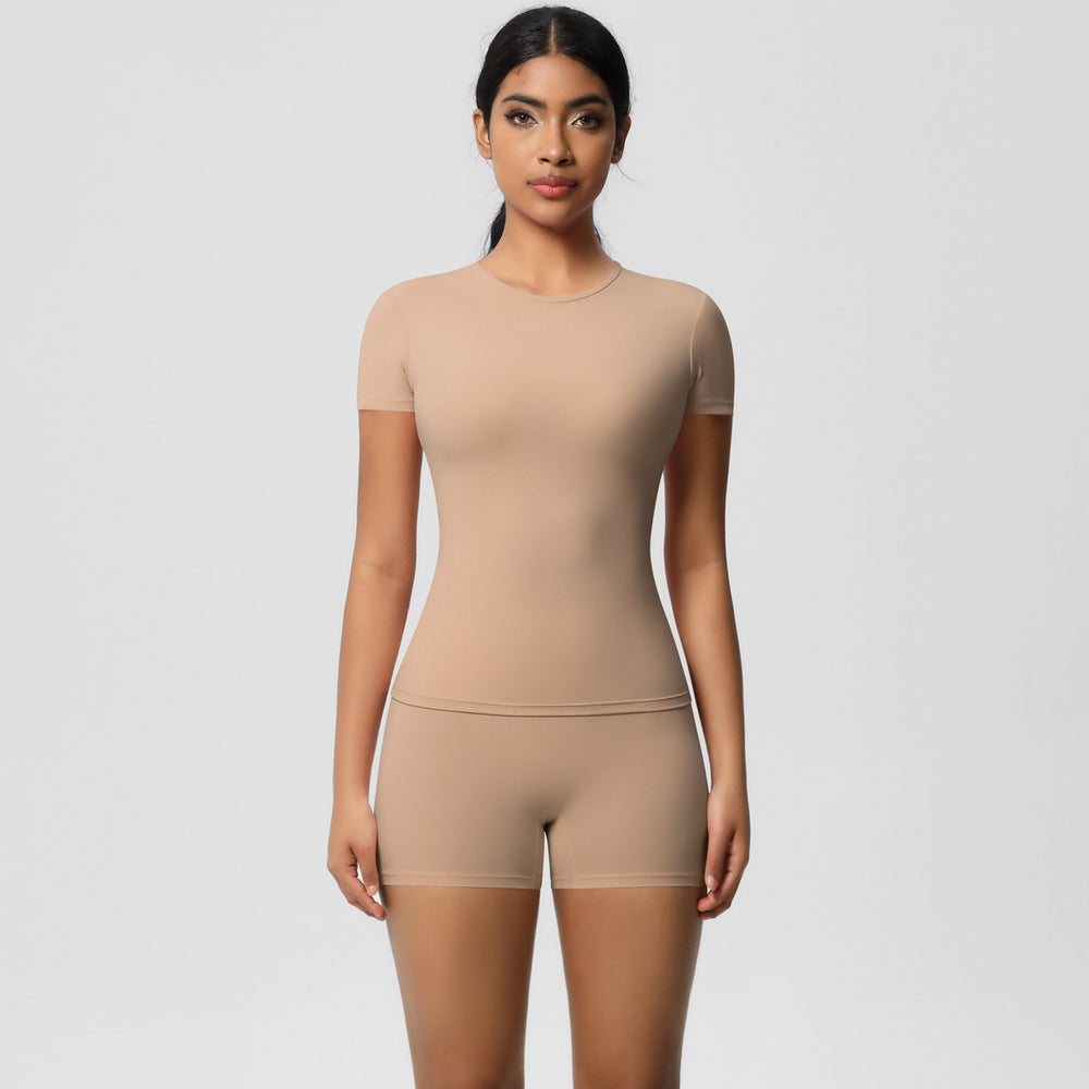 European and american nude feel tight-fitting short-sleeve t-shirt yoga outfit high-waisted butt-lifting quick-dry shorts running sports fitness set for women