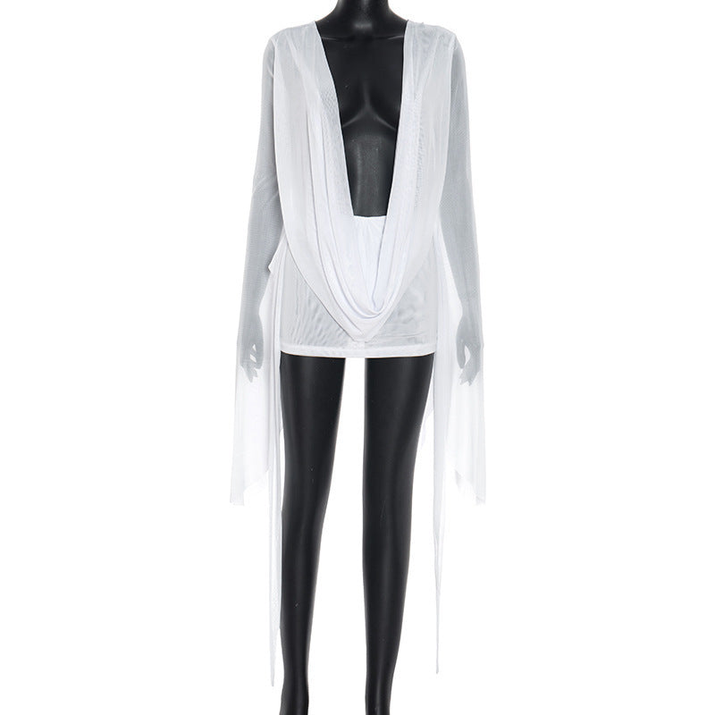 Export fashion cross-border women's net mesh swing collar large sleeves backless a-line short sleeve sexydress vacation style summer