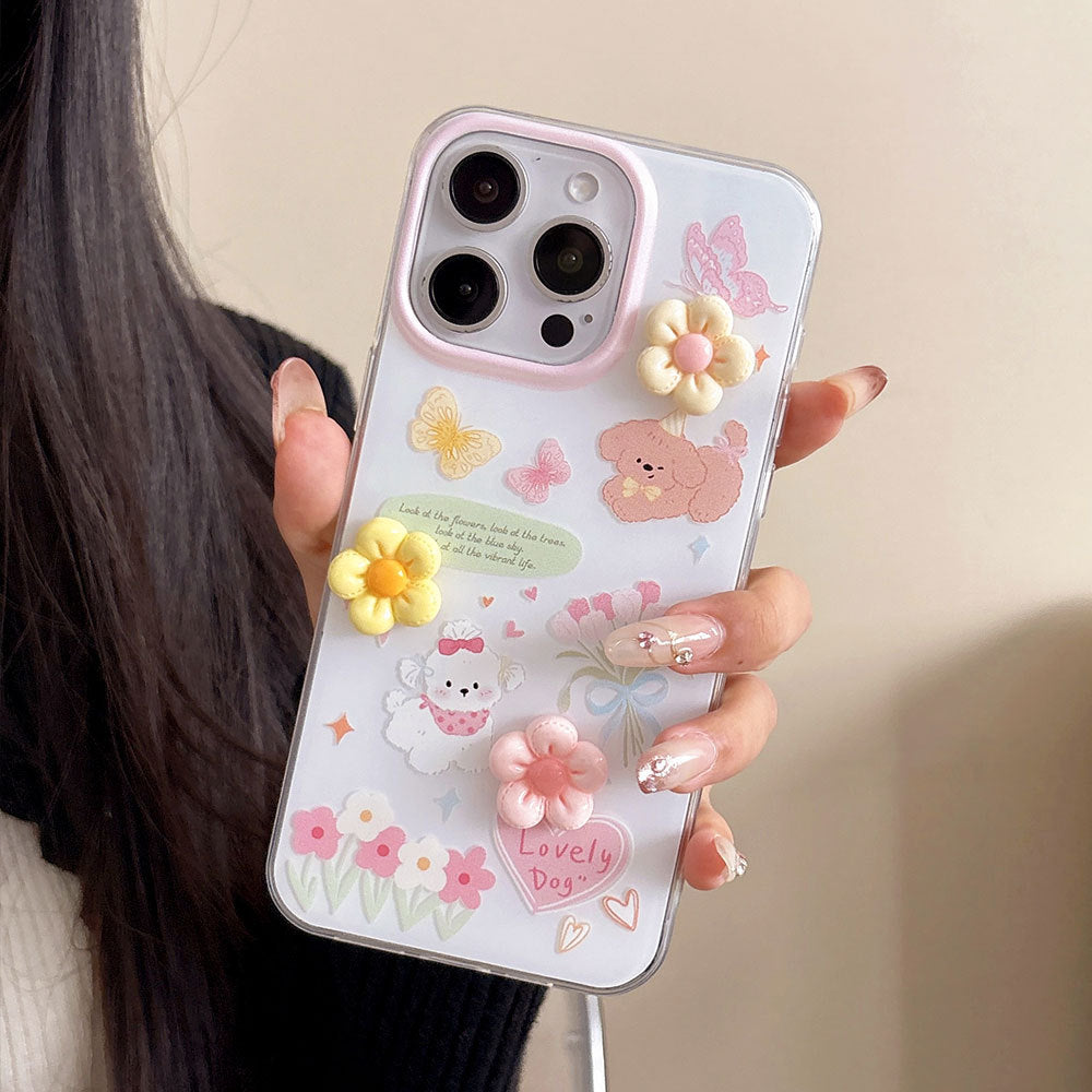 Suitable for iphone16 stereo cream rubber flower mobile phone case apple 17promax cute puppy anti-fall hard case