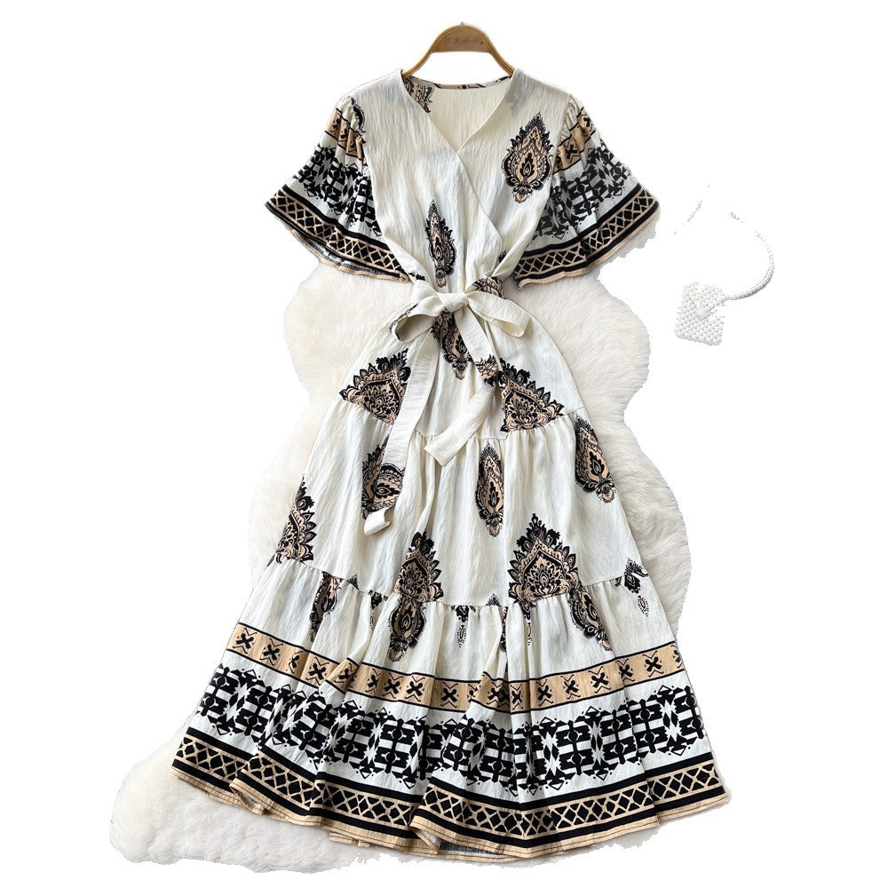 Bohemian print tie-waist dress - women's summer  v-neck slimming a-line maxi dress - red