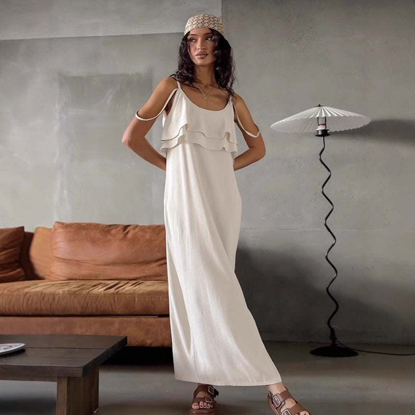 Seaside vacation khaki linen suspender skirt women 2025 autumn design ramie ruffle round neck dress