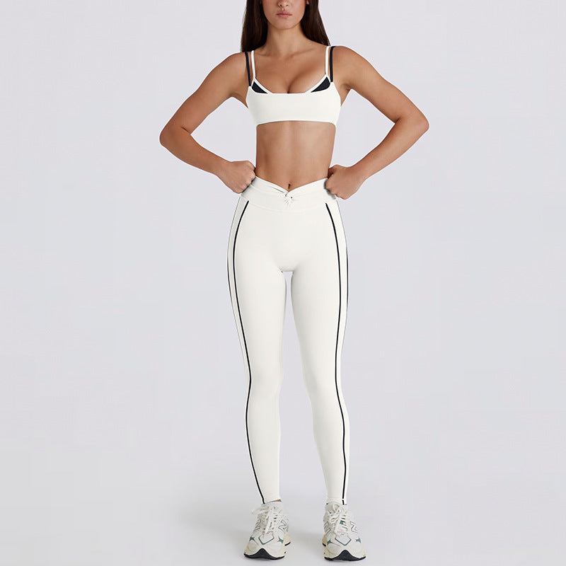 contrast color white stripes fake two pieces running pants shorts twist halter sports intimates bra yoga suit set for women