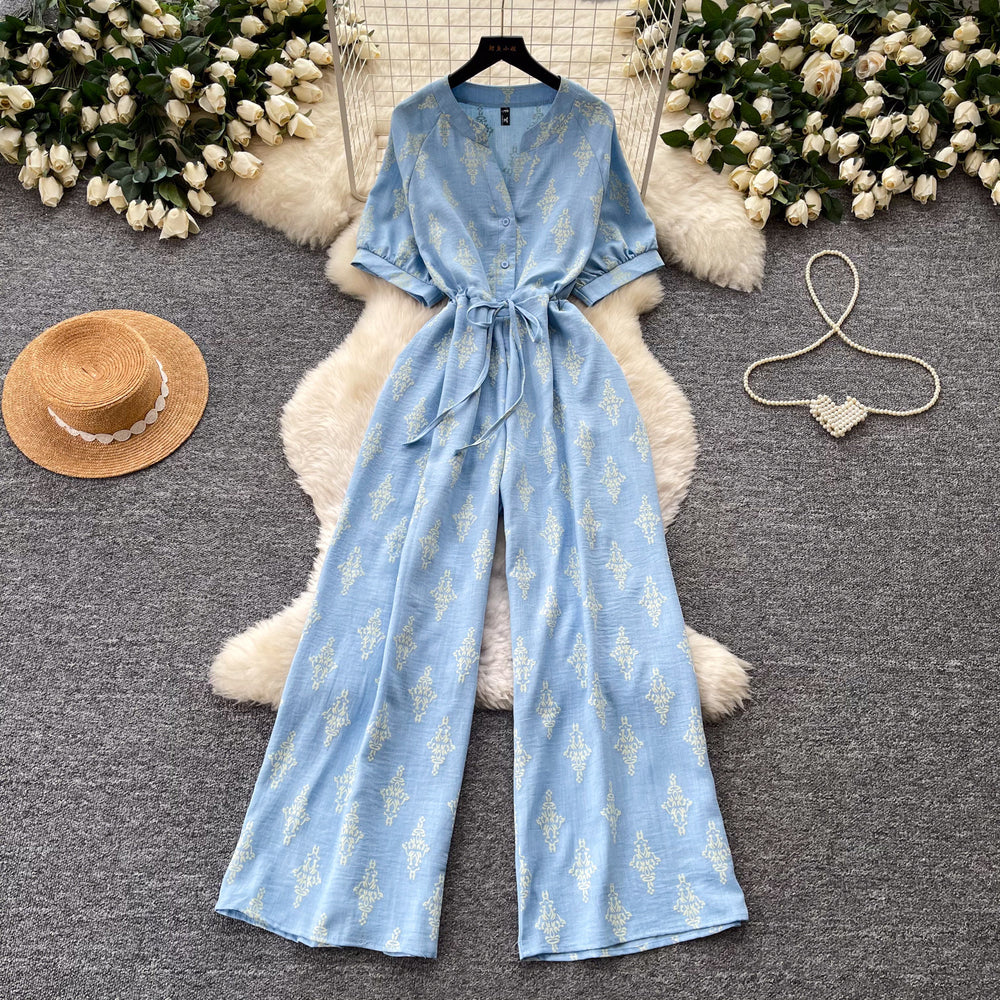 Vintage polka dot v-neck ruched trendy jumpsuit - women's  summer high-waisted slimming wide leg straight leg pants