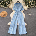 Vintage polka dot v-neck ruched trendy jumpsuit - women's  summer high-waisted slimming wide leg straight leg pants