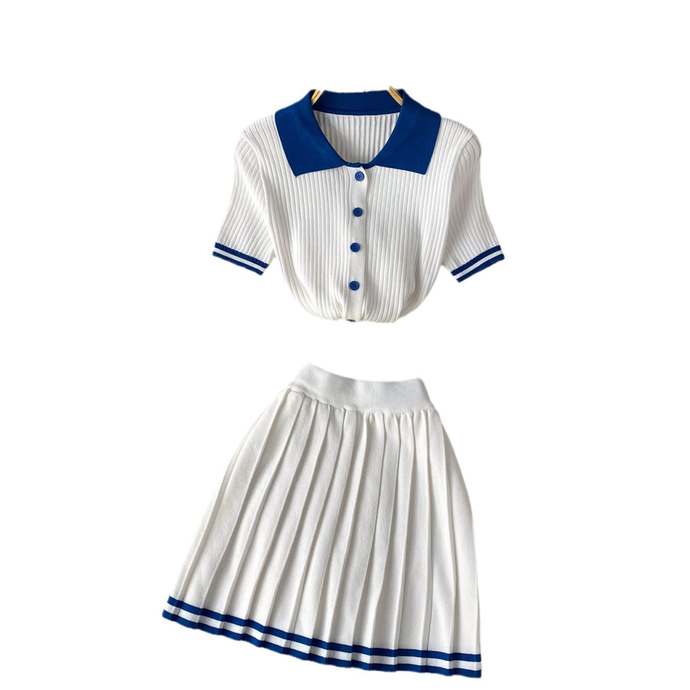 Pure desire hot girl style contrast color polo collar short sleeve shirt tops + high waistslimming look pleated skirt two-piece set summer