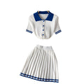 Pure desire hot girl style contrast color polo collar short sleeve shirt tops + high waistslimming look pleated skirt two-piece set summer