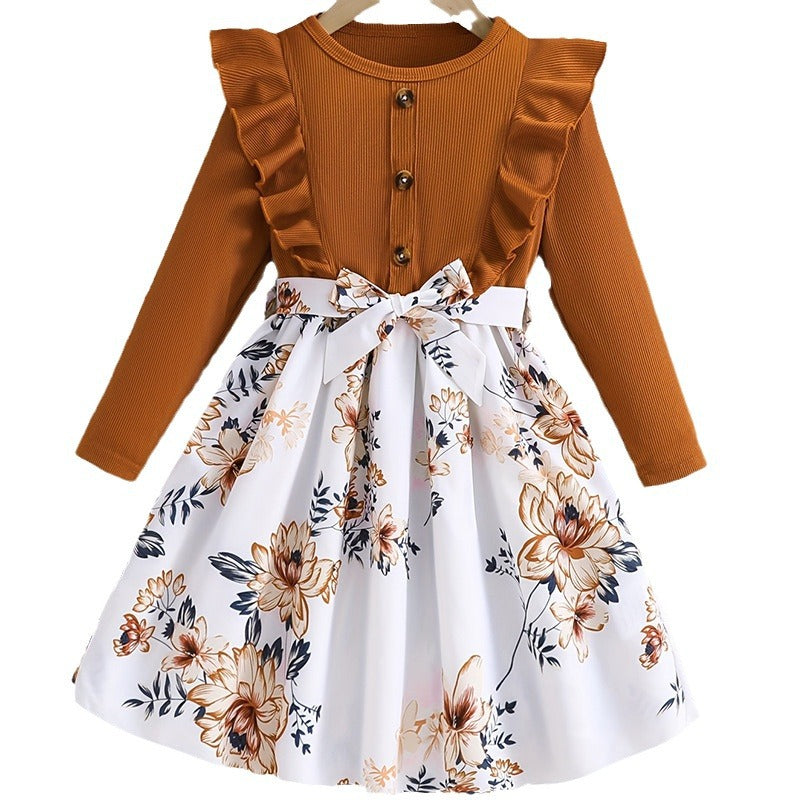 girls' dress - korean style autumn new arrival - ruffle trim long sleeve dress - floral print children's dress