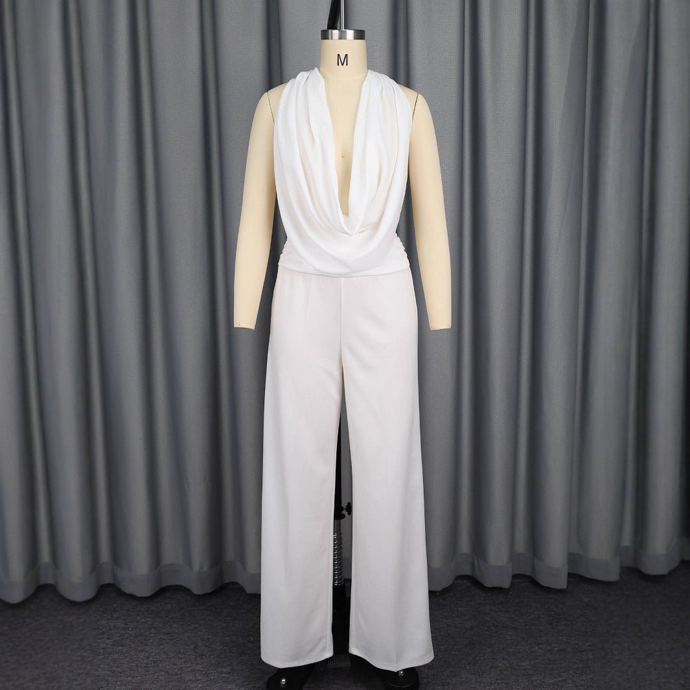 European and american sexy halter deep v top & chic white wide-leg pants two-piece set