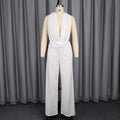 European and american sexy halter deep v top & chic white wide-leg pants two-piece set