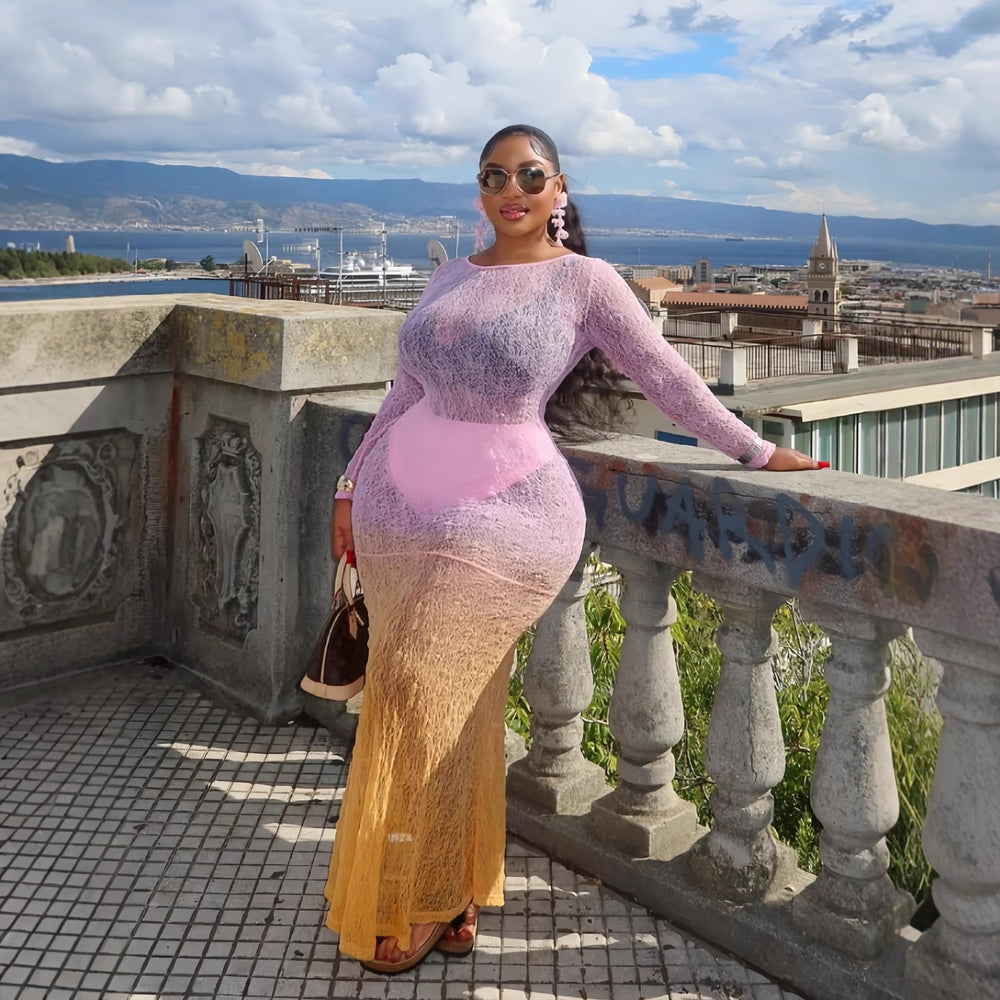 European and american cross-border women's fashion:  autumn new arrival - long sleeve crew neck slim-fit gradient sheer maxi dress