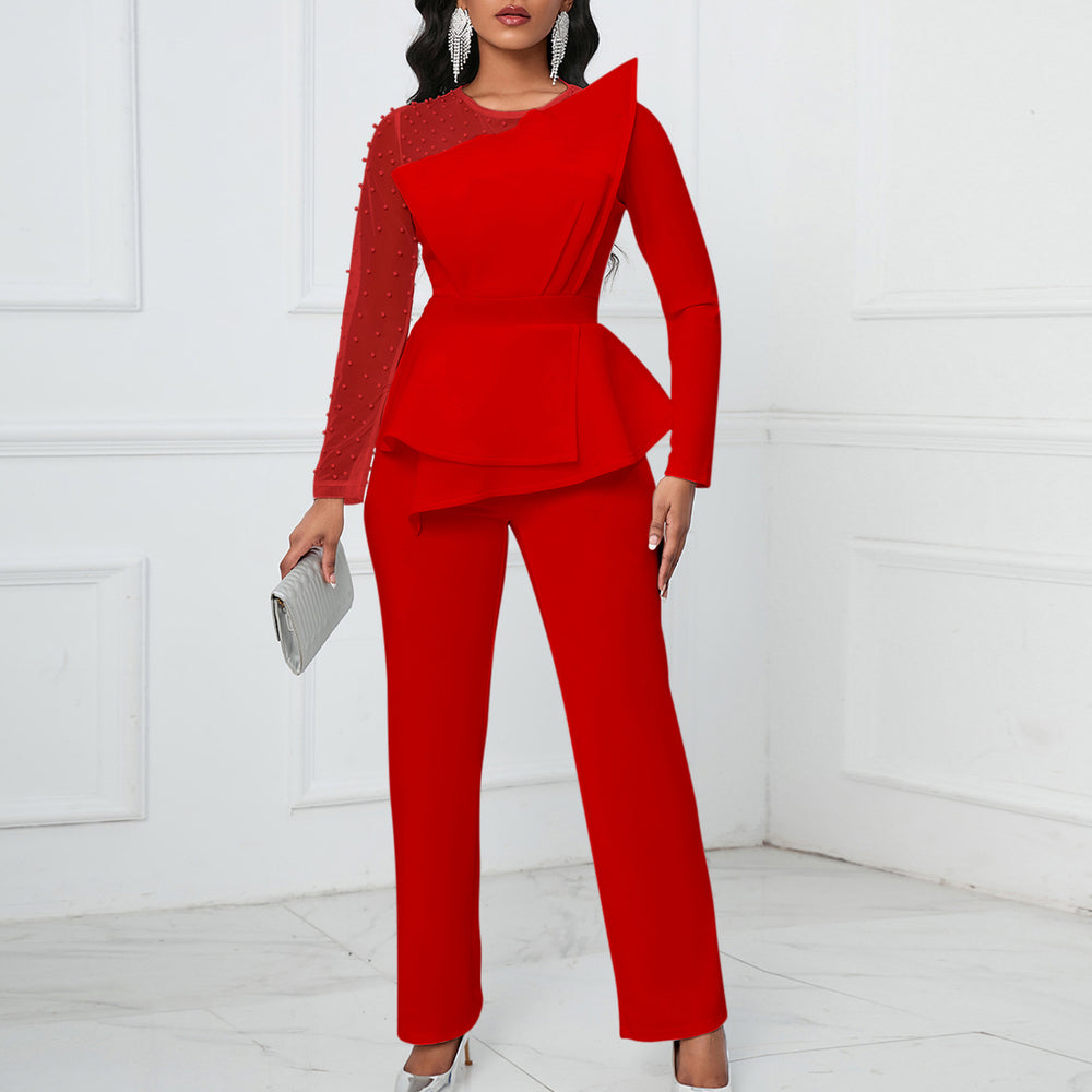 D439 independent station  new long-sleeved elegant mesh stitching beading slimming look banquet large size foreign trade jumpsuit