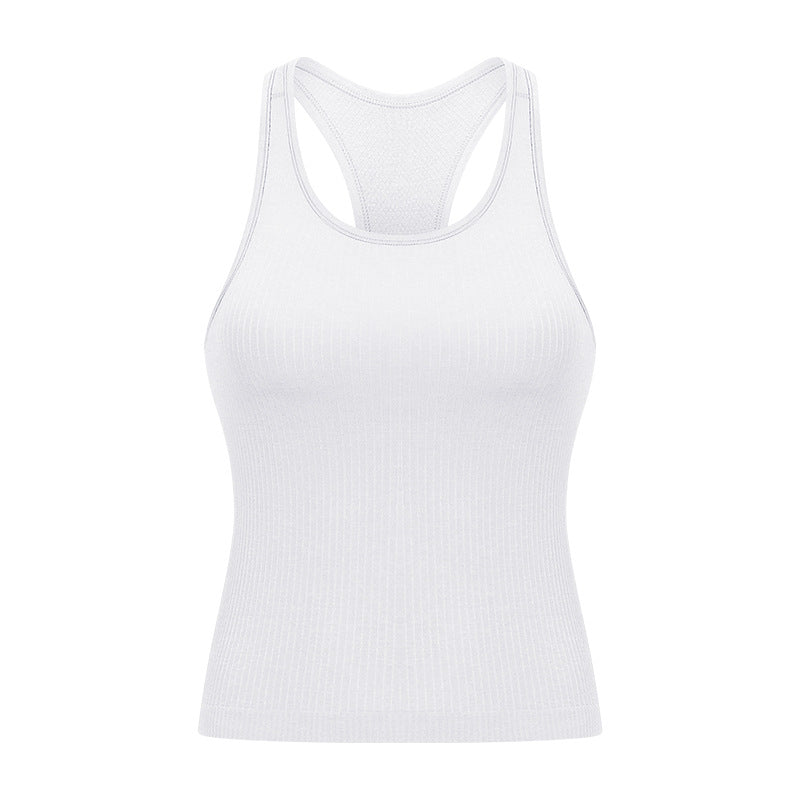 Ready-to-ship yoga outfit: stylish racerback yoga tank top with built-in bra pads for women - perfect for running, fitness, and workouts (model dt140)