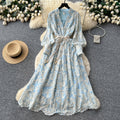 French chic elegant women's dress -  autumn fashion tie-waist v-neck long dress with intricate embroidery