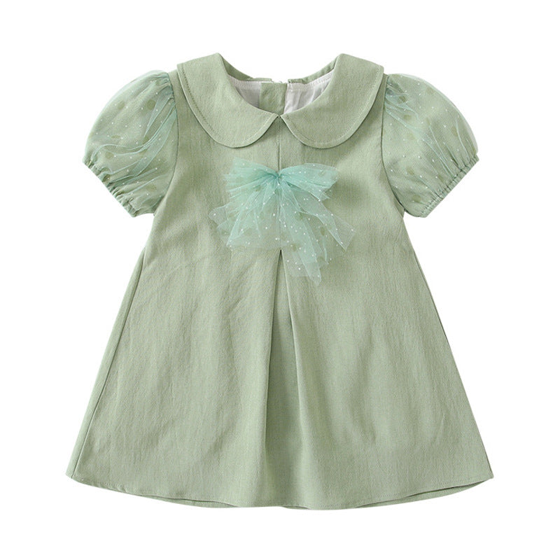 Girls' summer dress  new style: sweet bow short-sleeve summer dress for young children, stylish casual princess dress