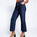 high-quality women's jeans, european and american style, commuter fashion, dark wash, high-waisted, loose wide-leg, slightly flared pants