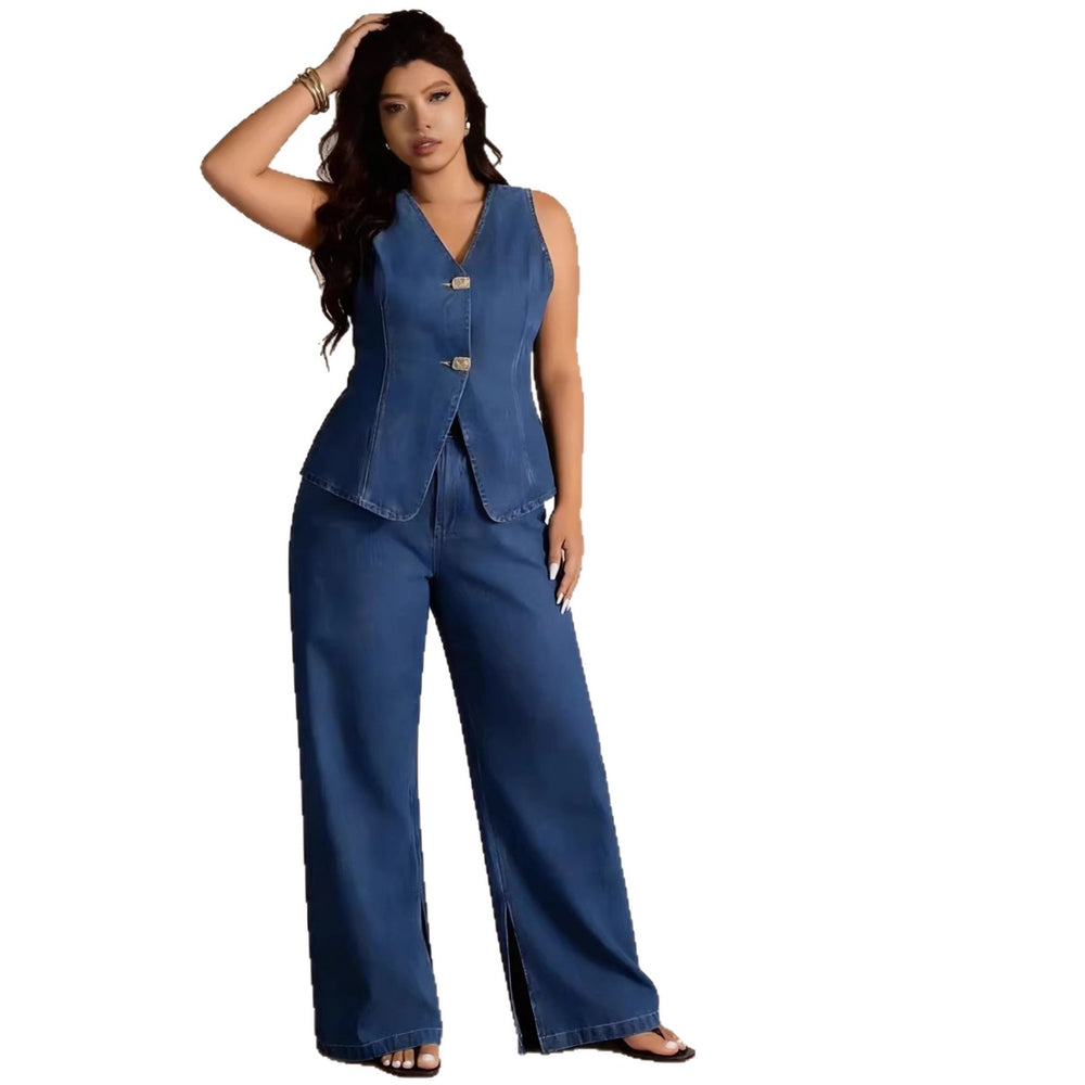 Fashionable and chic button-up sleeveless vest and wide-leg jeans denim set for women - perfect for cross-border e-commerce on  and