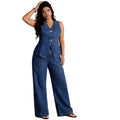Fashionable and chic button-up sleeveless vest and wide-leg jeans denim set for women - perfect for cross-border e-commerce on  and